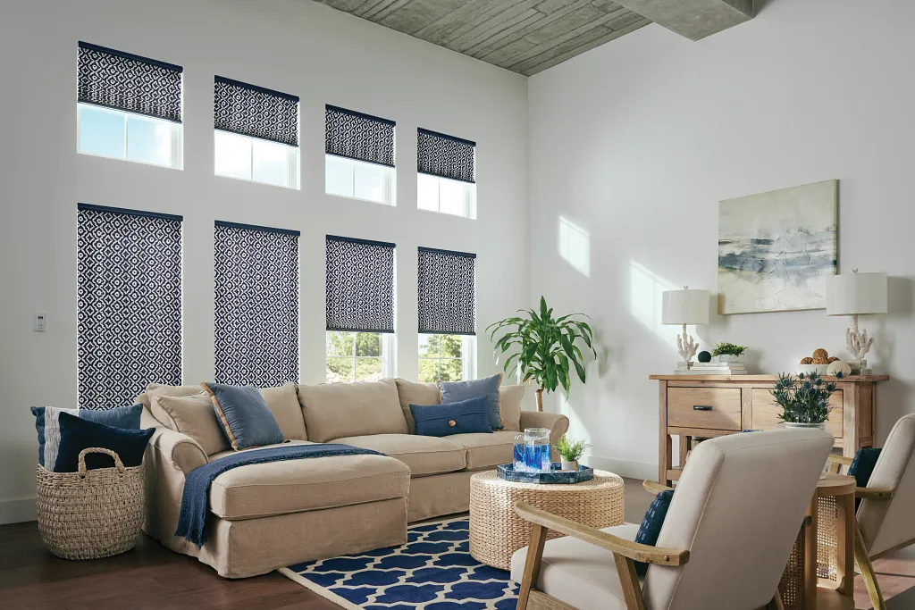 graber-custom-blinds This bright, modern living room features custom Graber window treatments with bold patterned blinds that add both style and privacy. These Graber custom blinds showcase how window treatments can elevate your design while providing light control and energy efficiency for everyday living.