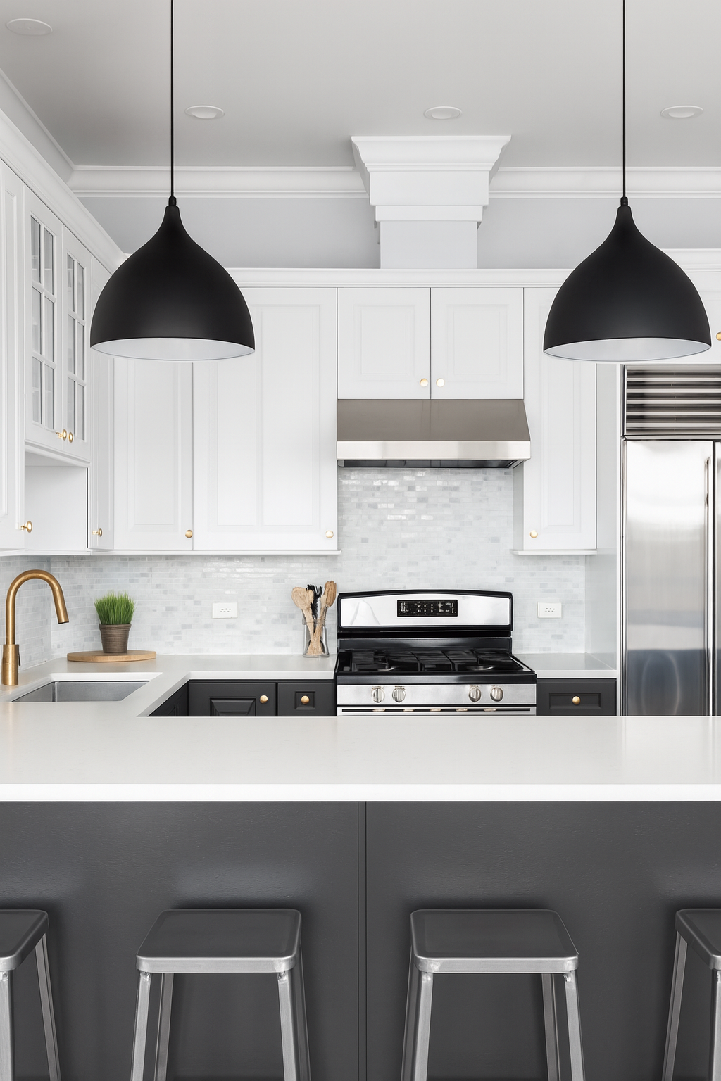 Modern kitchen with white upper cabinets and dark gray lower cabinets, paired with stainless steel appliances. A large island with white countertops and metal barstools sits under two black pendant lights, creating a sleek contrast.