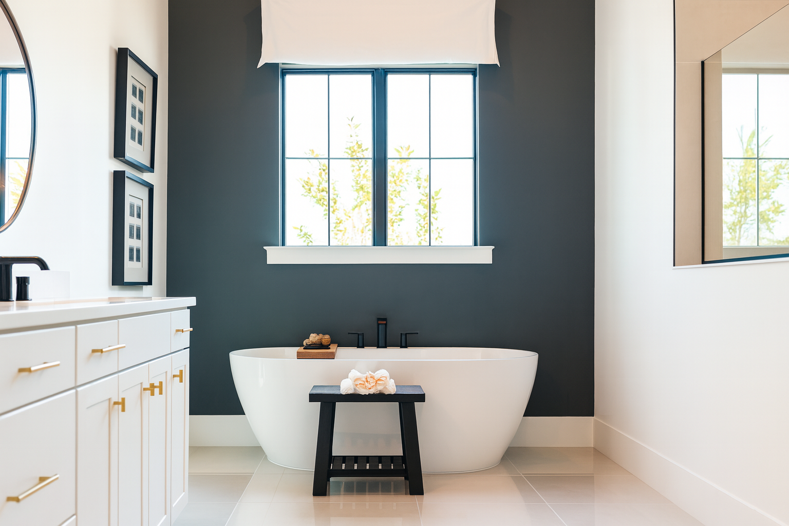 Spacious bathroom with a freestanding white soaking tub framed by a charcoal accent wall and large window. White cabinetry with gold pulls and a black faucet add contrast, while a small black stool with towels rests in front of the tub.