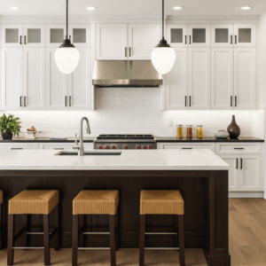 Kitchen Design 11 Luxury kitchen featuring white cabinetry, stainless steel appliances, and a spacious island with a marble countertop. Warm wood floors and woven barstools add texture, while pendant lights and a sleek hood vent complete the polished design.