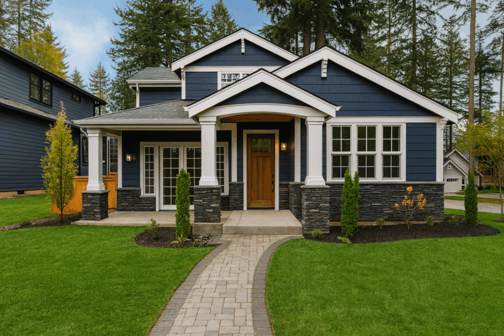 Beautiful Luxury Home Exterior With Green Grass And Landscaped Yard Charming craftsman-style home with navy blue siding, white trim, and stone accents. A wooden front door sits beneath a covered porch framed by columns, with a paver walkway leading through a manicured lawn.