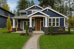 Interior & Exterior Paint Consultations 2 Charming craftsman-style home with navy blue siding, white trim, and stone accents. A wooden front door sits beneath a covered porch framed by columns, with a paver walkway leading through a manicured lawn.