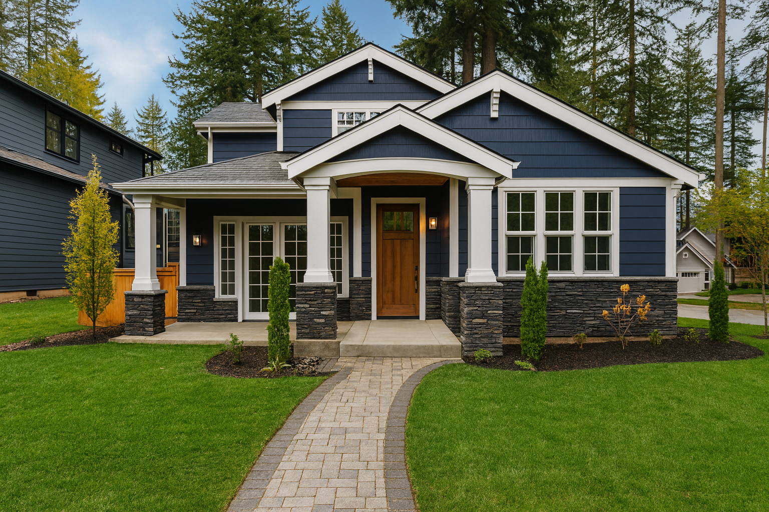 Charming craftsman-style home with navy blue siding, white trim, and stone accents. A wooden front door sits beneath a covered porch framed by columns, with a paver walkway leading through a manicured lawn.