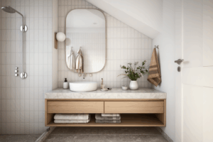 Bathroom Design 2 Minimalist bathroom with a light wood vanity and marble countertop under a tall rounded mirror. Vertical beige wall tiles surround an open shower with a rainfall head, while natural accents like plants and towels bring warmth to the serene space.