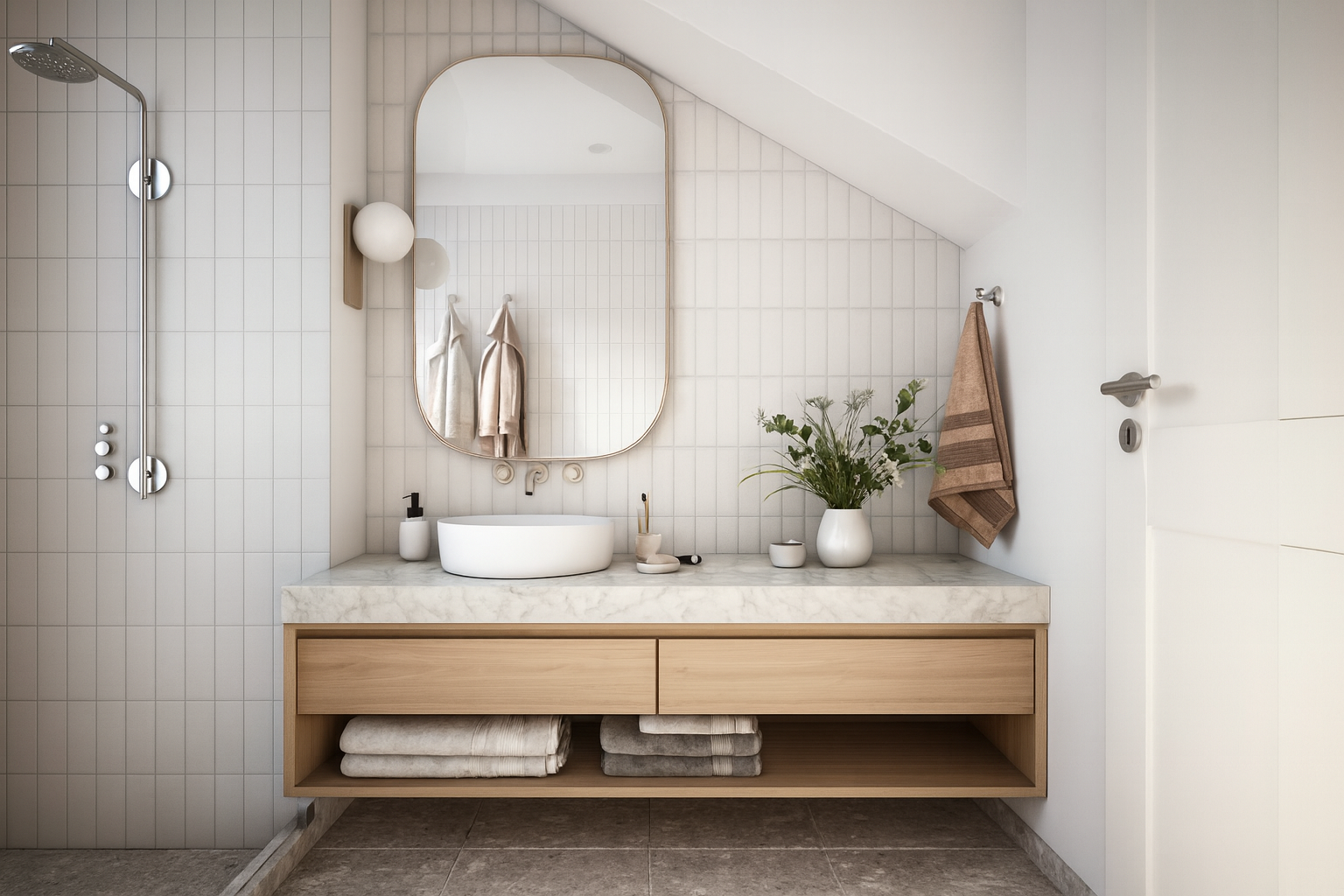 Minimalist bathroom with a light wood vanity and marble countertop under a tall rounded mirror. Vertical beige wall tiles surround an open shower with a rainfall head, while natural accents like plants and towels bring warmth to the serene space.
