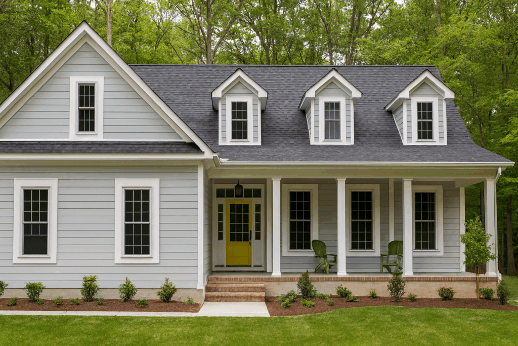 Exterior Of New Suburban House Classic suburban home exterior with light gray siding, white trim, and a front porch with columns. A bright yellow front door adds a pop of color, while dormer windows and a landscaped yard enhance curb appeal, reflecting thoughtful interior & exterior design harmony.