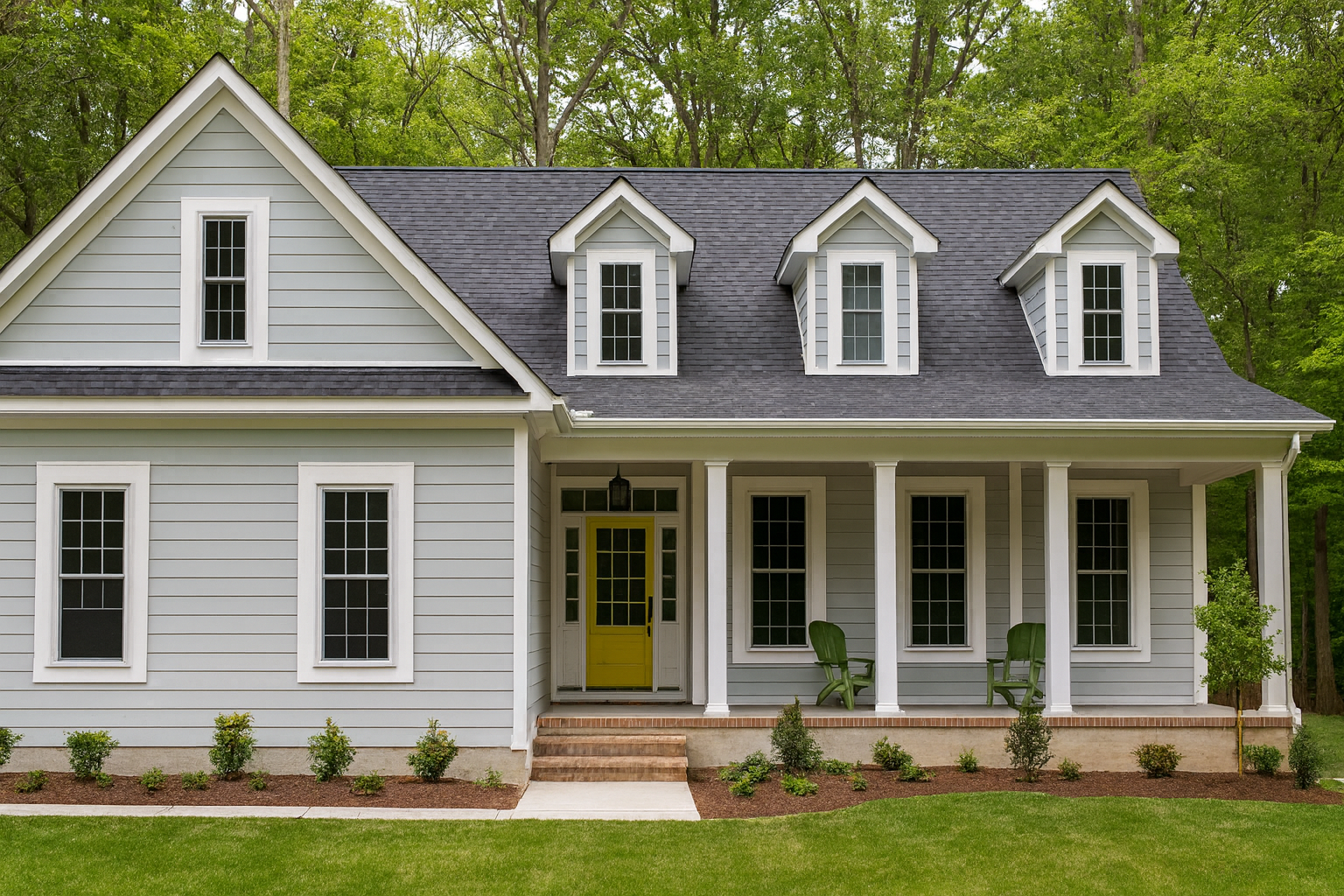Classic suburban home with light gray siding, white trim, and a front porch with columns. A bright yellow front door adds a pop of color, while dormer windows and a landscaped yard enhance curb appeal.