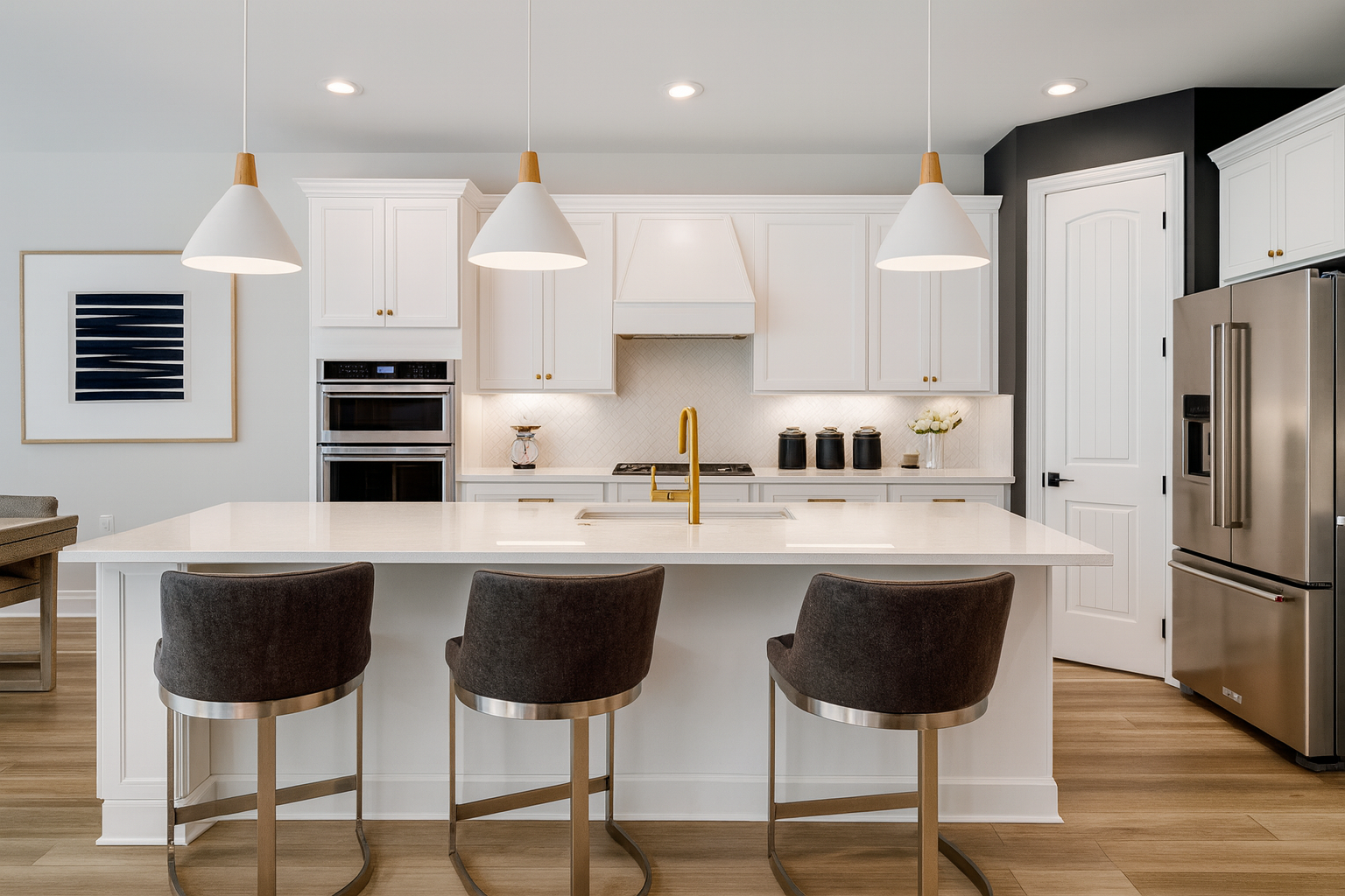 Minimalist kitchen with light gray cabinetry and a large island topped with a polished marble countertop. Pendant lights with smoky glass shades add warmth, while wood stools and stainless steel appliances complete the clean, modern look.