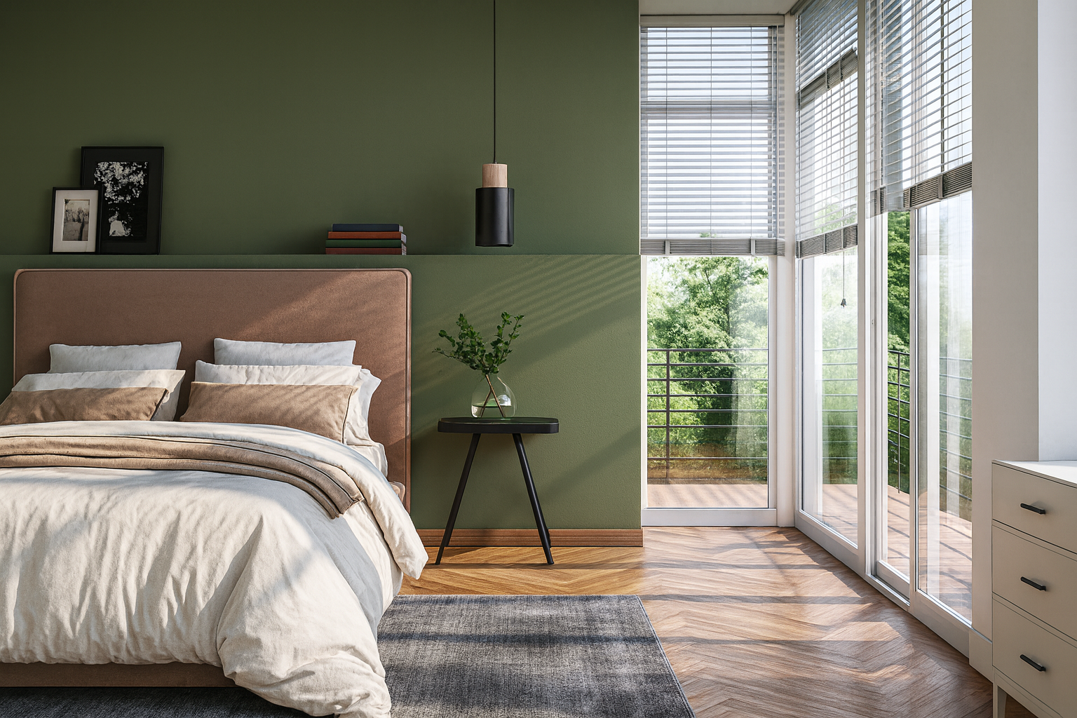 Contemporary bedroom with a green accent wall, wood flooring, and floor-to-ceiling windows that open to a balcony view of trees. The space features a warm-toned upholstered headboard, neutral bedding, and a small black side table.