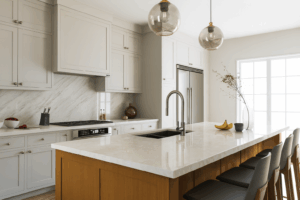 Kitchen Design 14 Contemporary kitchen island with a white marble countertop set against a blurred background of white cabinets and stainless steel appliances. The bright, airy space features modern design elements perfect for a product presentation or staging view.
