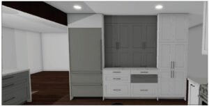 Flossmoor, IL - Kitchen Remodel 5 Digital kitchen design rendering showing white and charcoal cabinetry, dark floors, and built-in appliances in a modern concept layout.