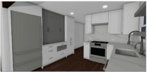 Flossmoor, IL - Kitchen Remodel 6 Side-angle kitchen rendering showing high contrast cabinetry, integrated lighting, and a bold quartz backsplash running to the ceiling.