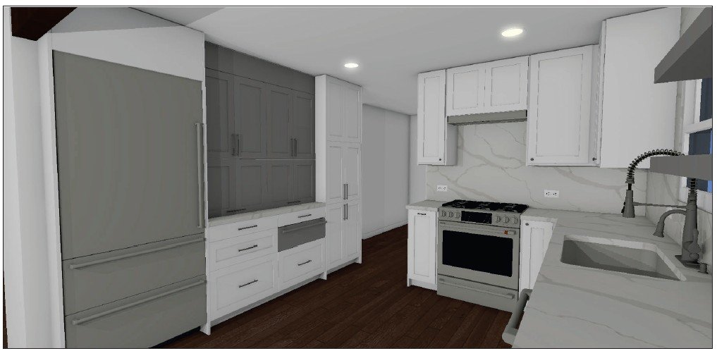 Side-angle kitchen rendering showing high contrast cabinetry, integrated lighting, and a bold quartz backsplash running to the ceiling.