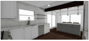 Flossmoor, IL - Kitchen Remodel 7 Interior rendering of kitchen remodel with island placement, pendant lighting, and open sightlines to adjoining spaces.