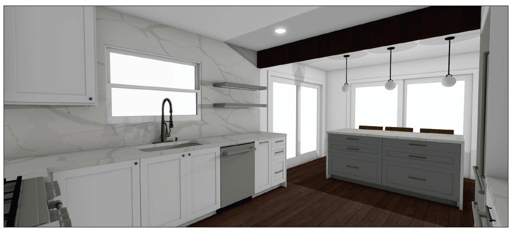 Interior rendering of kitchen remodel with island placement, pendant lighting, and open sightlines to adjoining spaces.